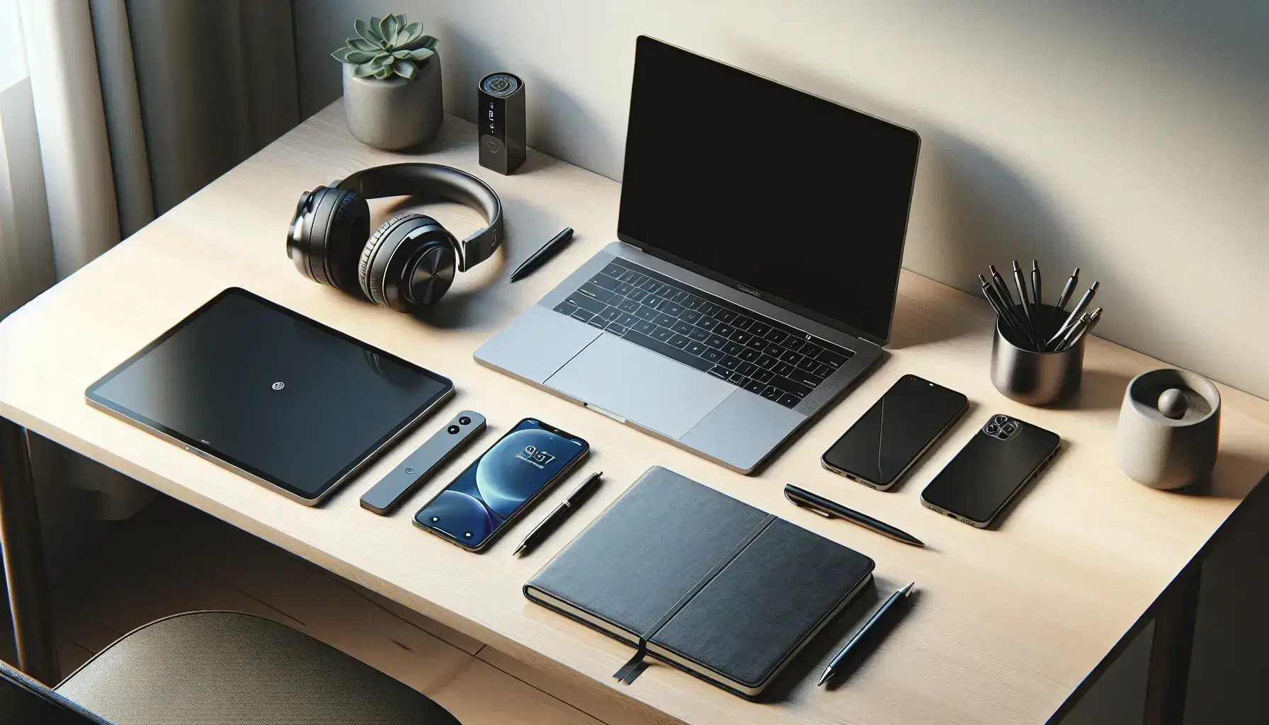 Escritorio moderno y organizado con laptop plateado, smartphone y tablet apagados, auriculares negros, libreta azul cerrada con bolígrafo y planta en maceta blanca.