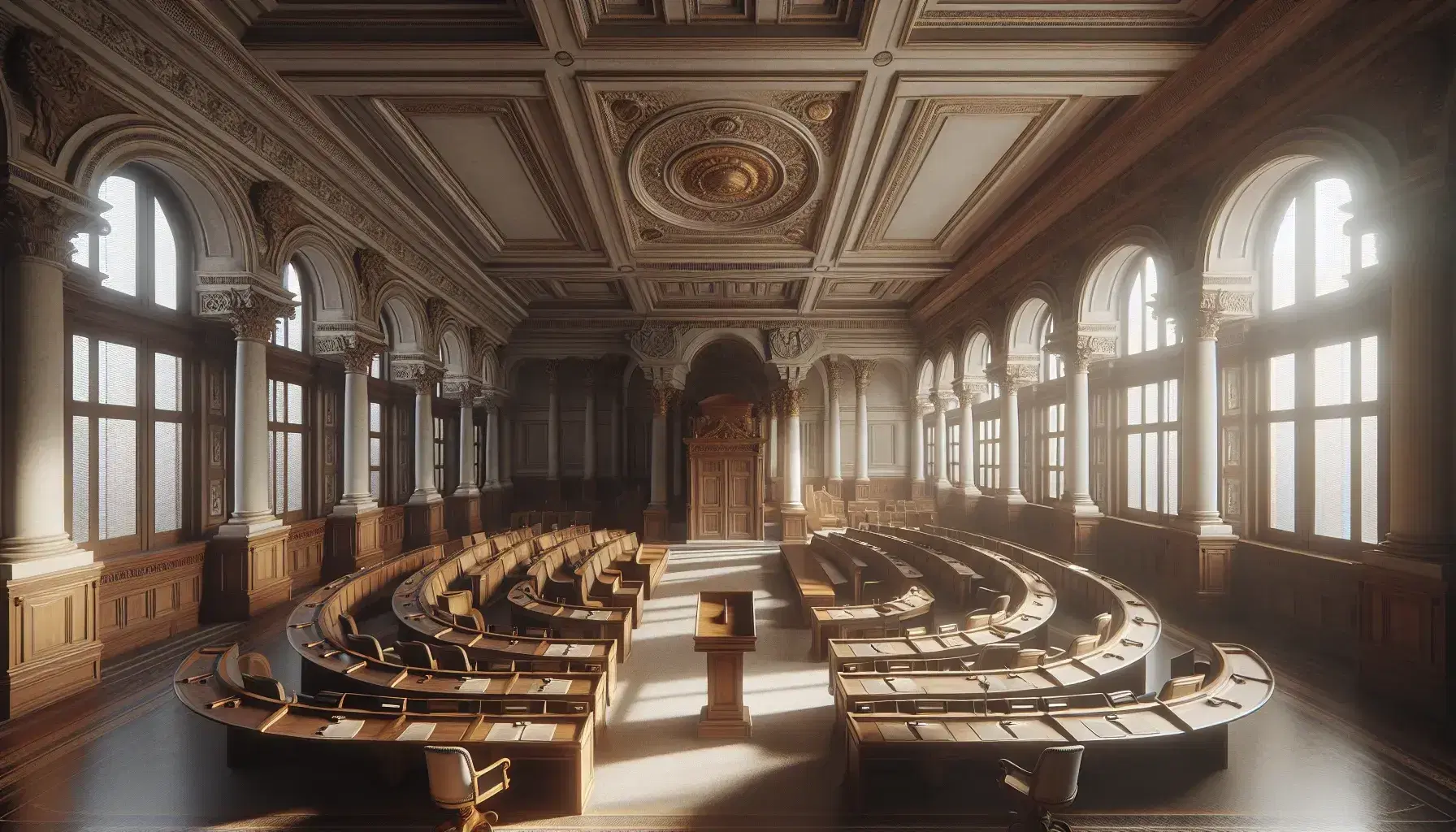Camera parlamentare storica vuota con scrivanie in legno, soffitto stuccato e colonne corinzie, illuminata da luce naturale.