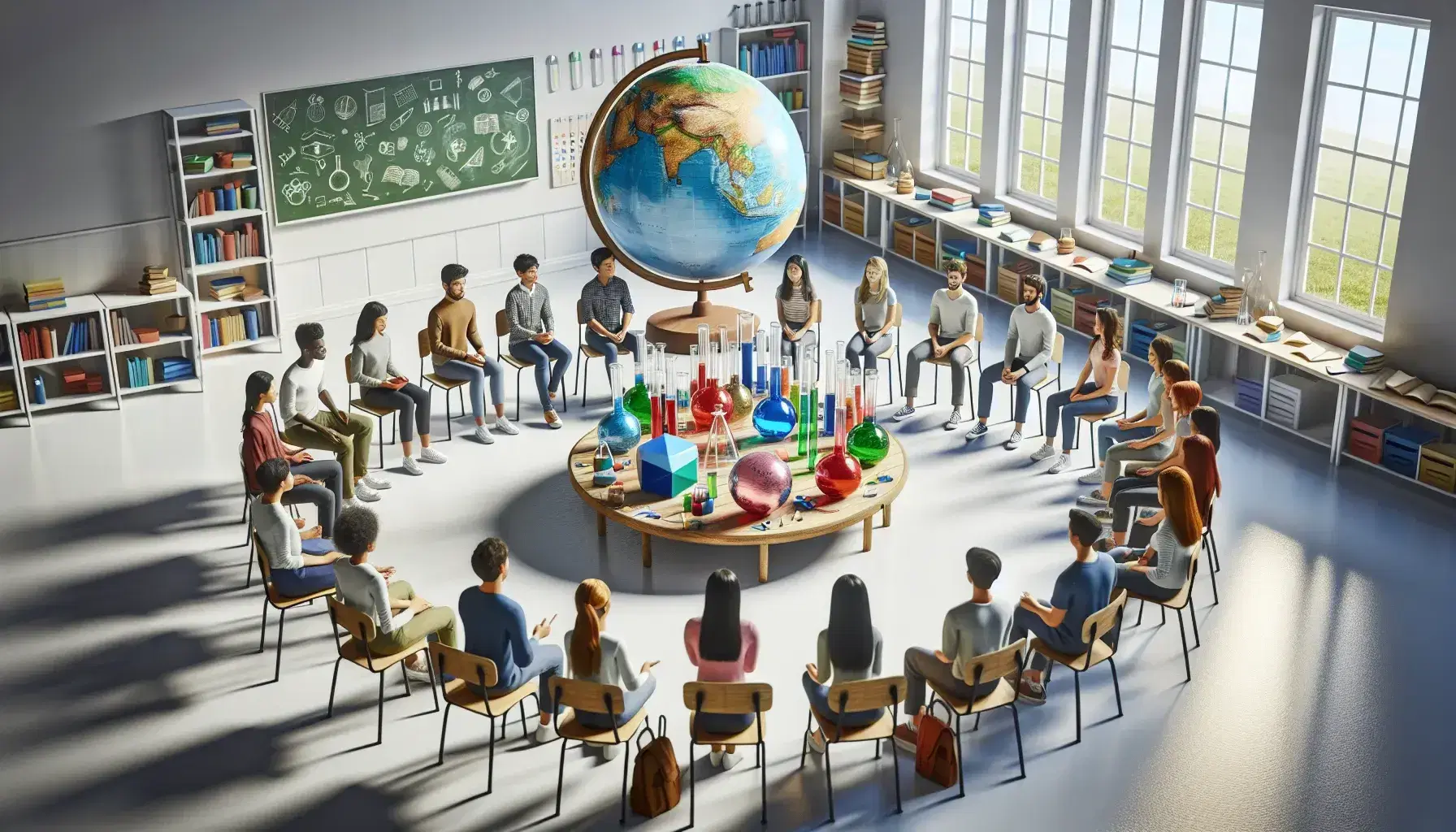 Grupo diverso de estudiantes interactuando en clase con objetos educativos como un globo y tubos de ensayo en un ambiente de colaboración.