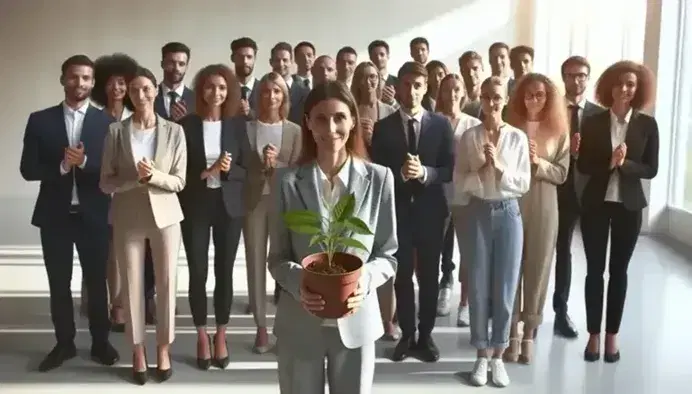 Grupo diverso de personas sonriendo y cuidando una planta en un espacio iluminado, simbolizando trabajo en equipo y sostenibilidad.