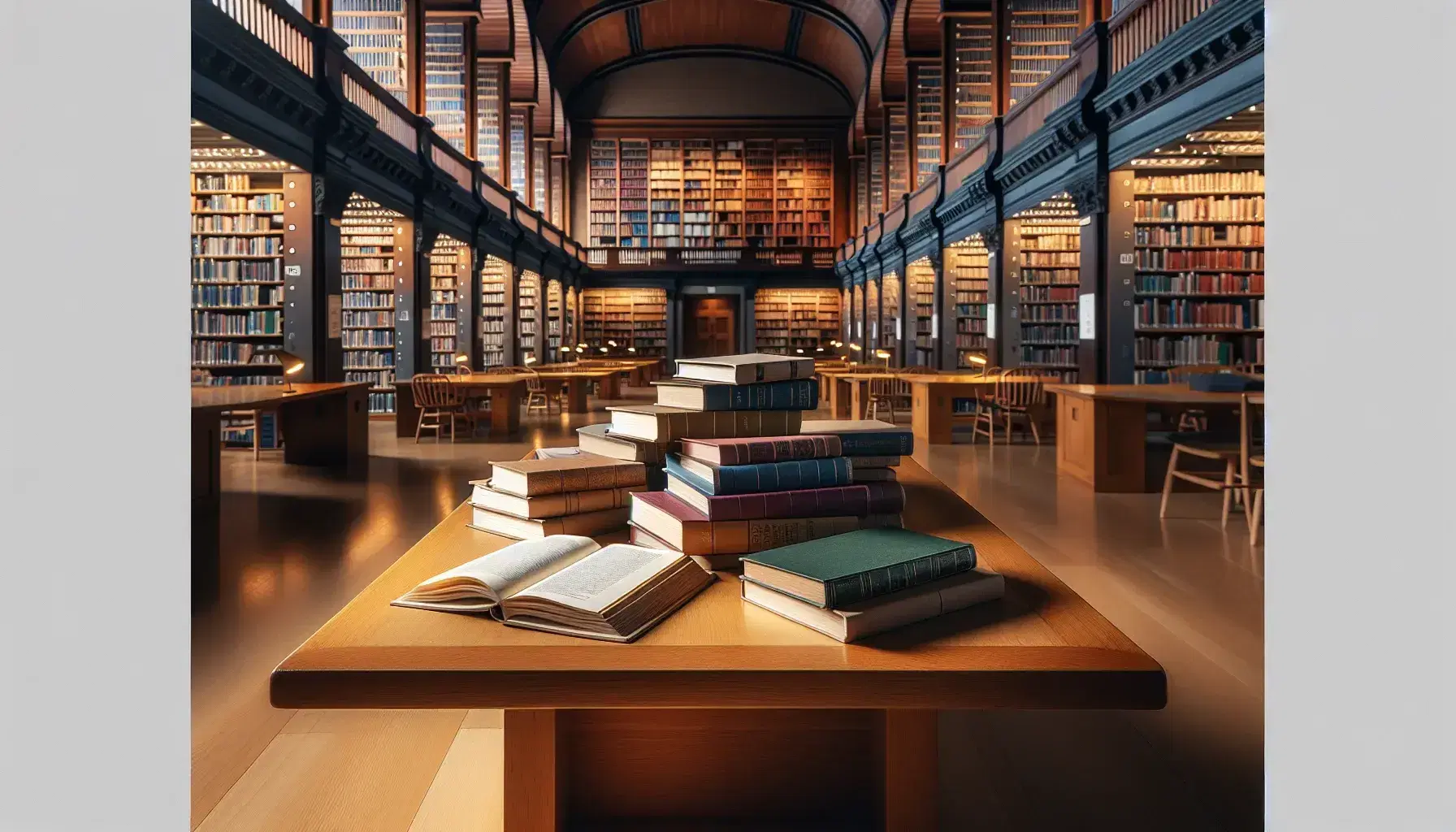 Biblioteca universitaria iluminada con mesa de madera, libros apilados, estanterías llenas y estudiantes estudiando en sillas ergonómicas.