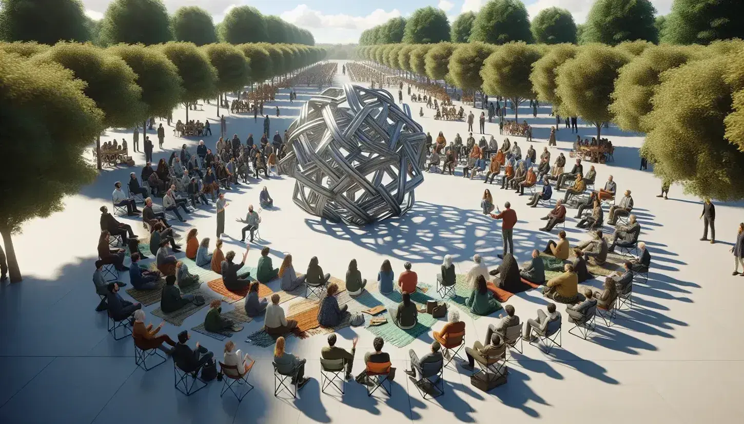 Grupo diverso de personas dialogando en círculo alrededor de una escultura metálica abstracta en un parque soleado, rodeados de árboles verdes y bajo un cielo azul despejado.