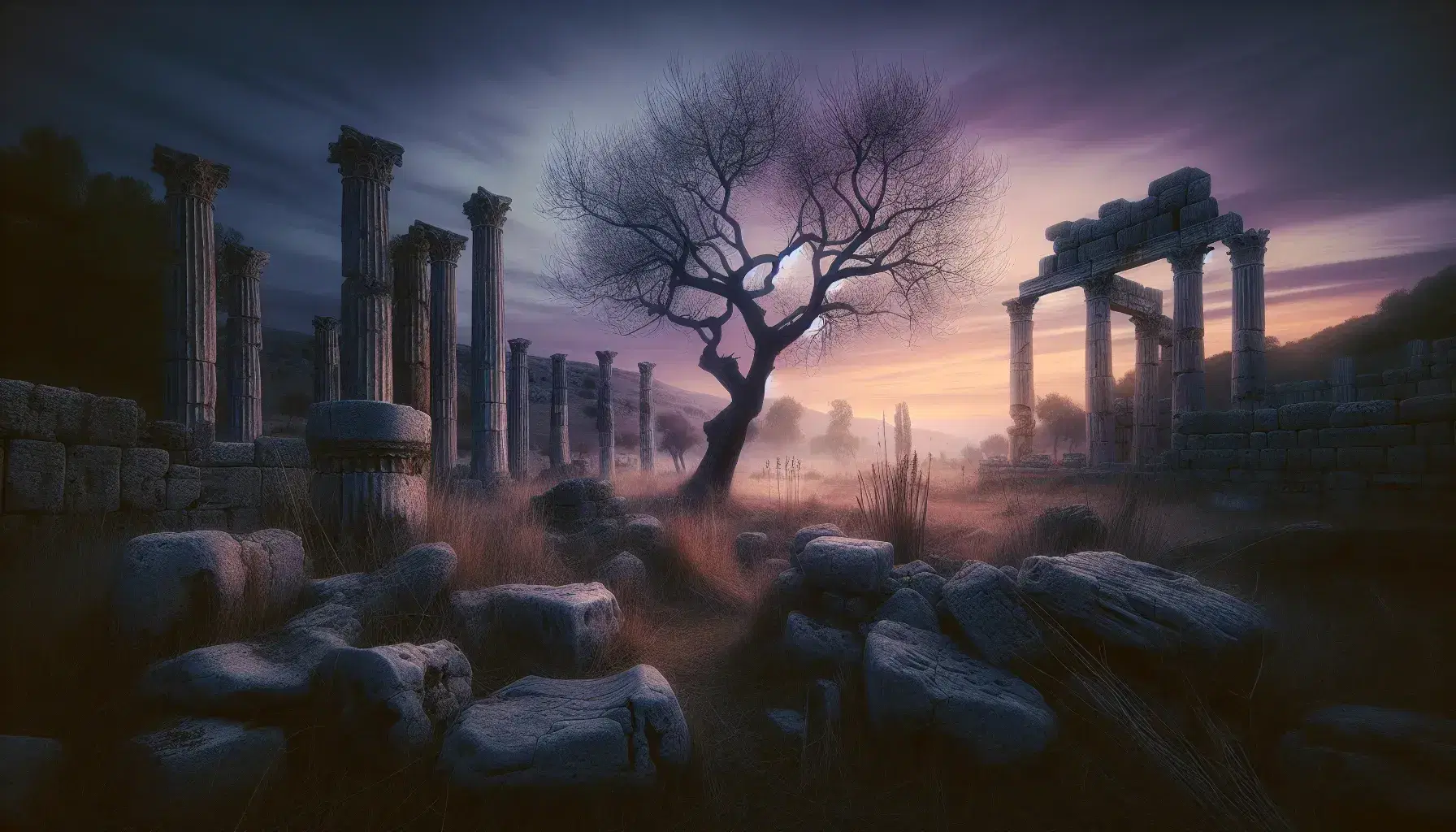 Paesaggio naturale al crepuscolo con rovine antiche, colonne spezzate, albero spoglio e cielo colorato senza nuvole.