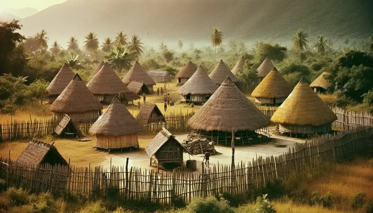 Rural Vietnamese landscape in the 1960s with thatched-roof huts, wooden stake fence, lush greenery, and villagers in traditional nón lá hats.