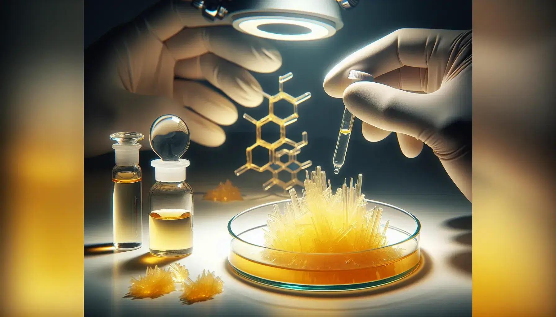 Yellow-orange crystals of osazones in a Petri dish in the laboratory, with dropper and vial held by gloved hands in the background.