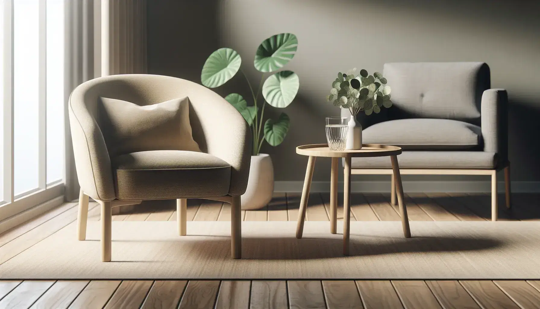 Relaxing therapy environment with beige armchair, coffee table with plant, gray therapist chair, cream rug and wooden bookcase.