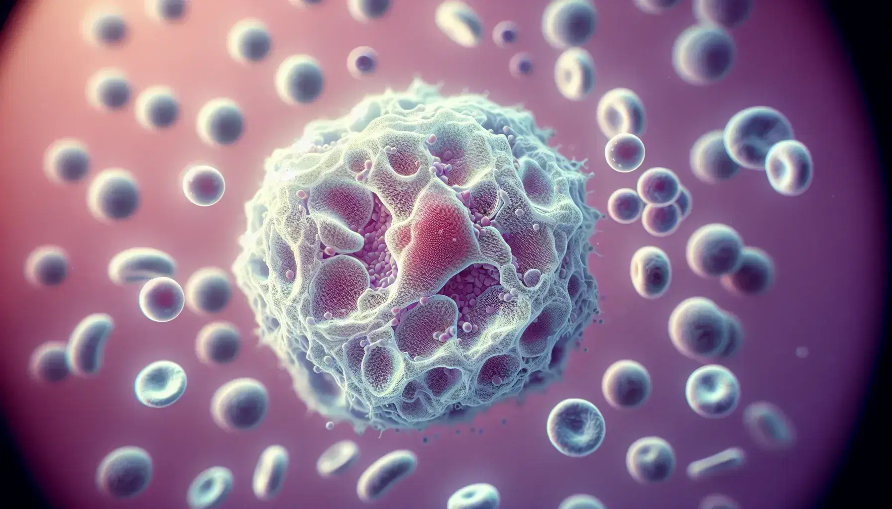 Close-up of a human neutrophil under the microscope, with multilobed nucleus and cytoplasmic granules, surrounded by spherical bacteria.