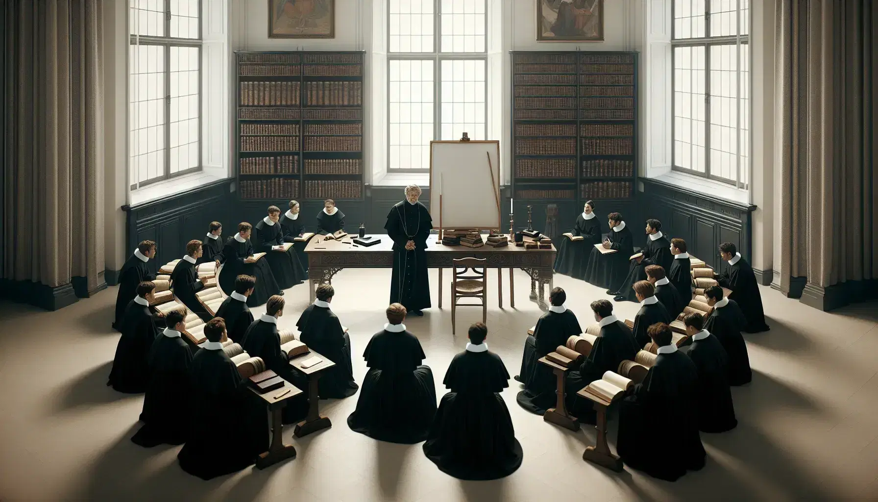 Grupo de jóvenes atentos en clase de teología con sacerdote enseñando, rodeados de libros y sentados en semicírculo en una sala iluminada naturalmente.