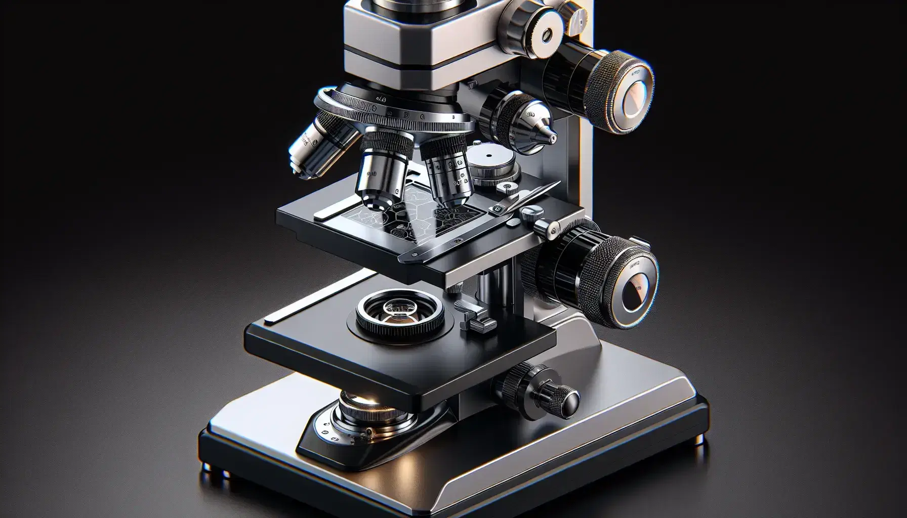 Microscopio óptico moderno en primer plano con base negra, brazo plateado, ocular inclinado, objetivos metálicos y portaobjetos con muestra iluminada.