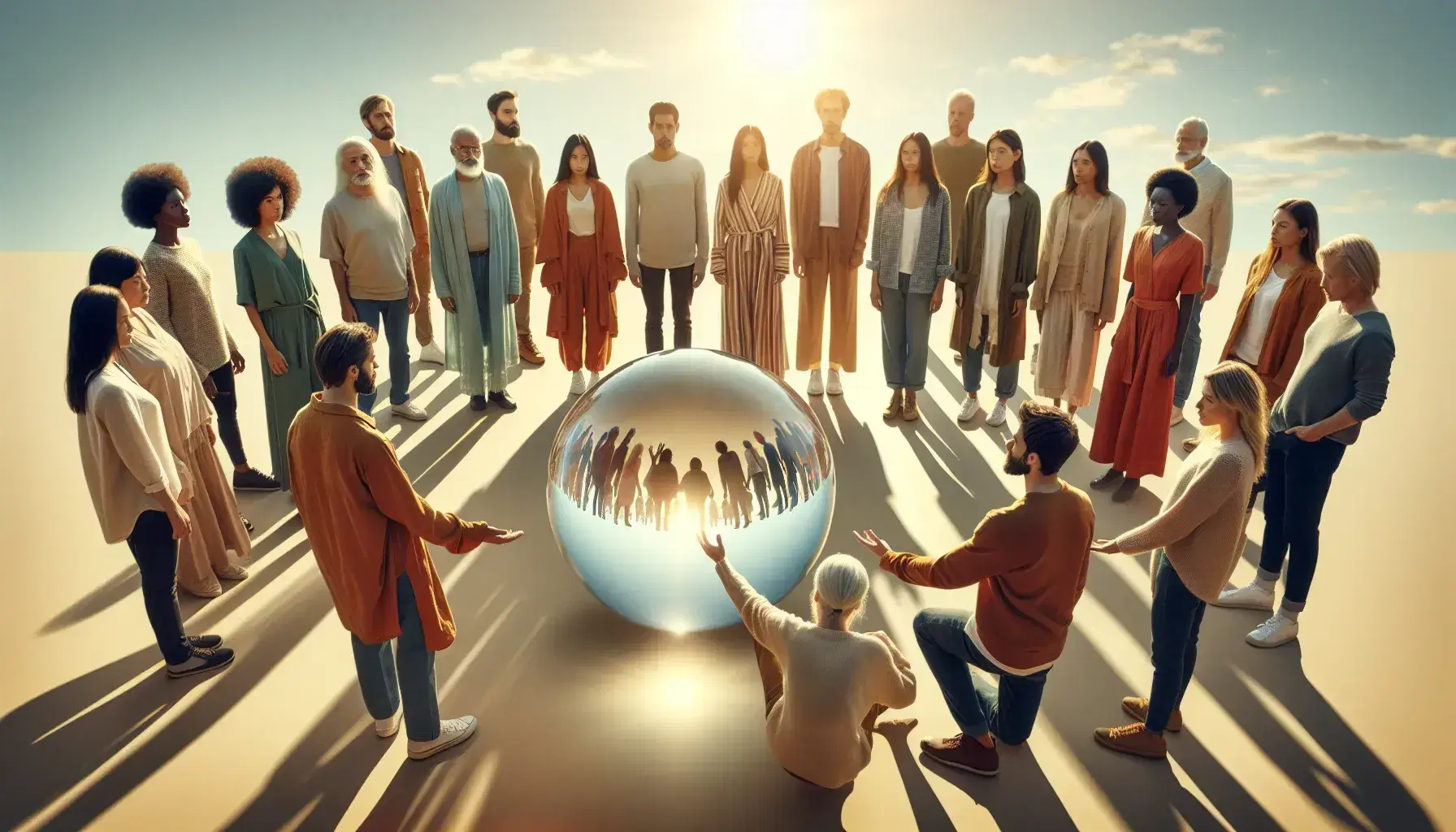 Grupo diverso de personas en círculo alrededor de una esfera de cristal en un espacio abierto con cielo azul y luz de tarde.