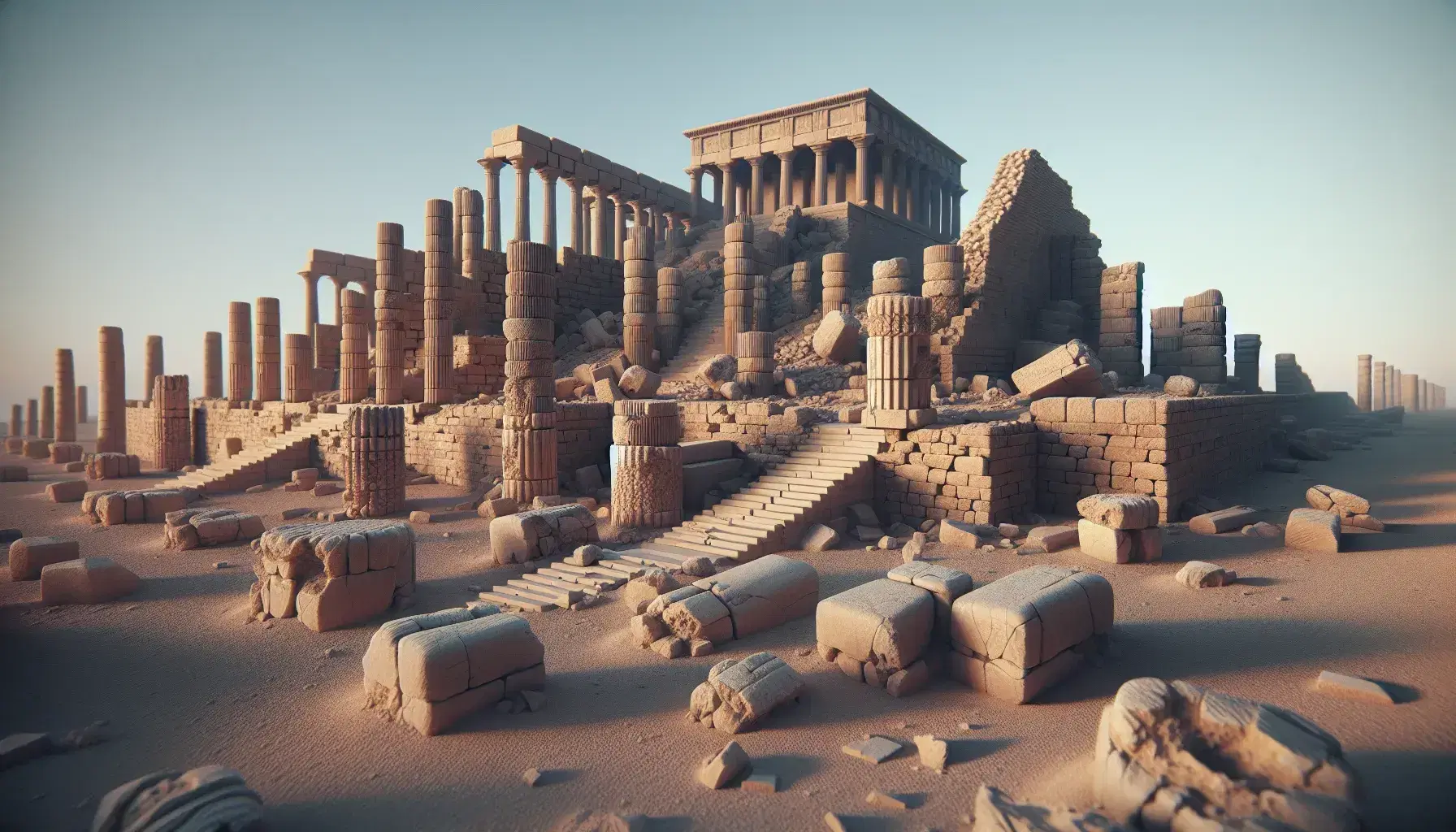 Ruinas antiguas con columnas erosionadas y estructura escalonada bajo cielo azul, sin vegetación ni presencia humana, destacando la textura desgastada de piedras y ladrillos.