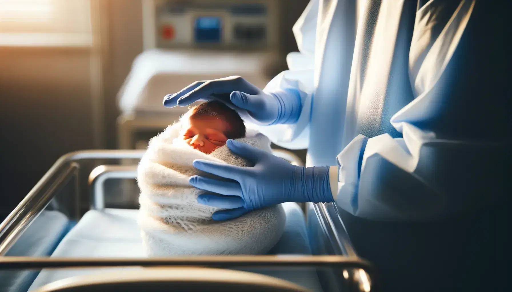 Manos enguantadas de profesional de la salud sosteniendo con cuidado a un recién nacido envuelto en manta blanca, con su cabecita visible, en un entorno hospitalario.