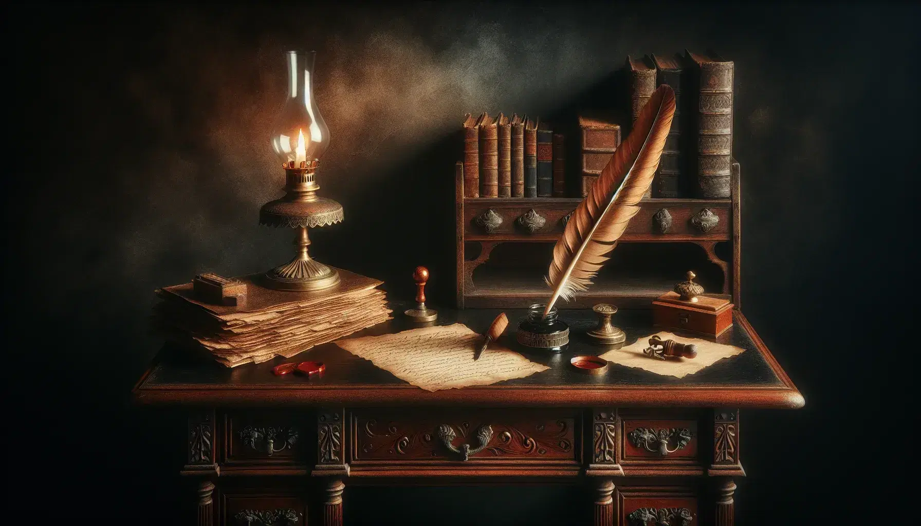 Vintage writing desk with quill pen, inkwell, wax seal, and oil lamp, surrounded by leather-bound books in a 19th-century study setting.