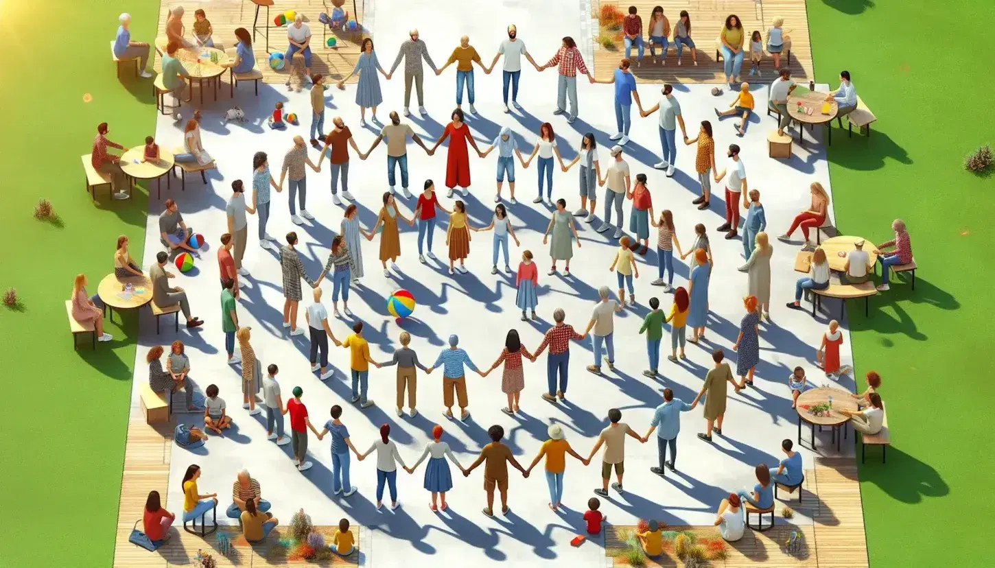 Grupo diverso de personas disfrutando de un día soleado en un parque, formando un círculo de manos unidas, con niños jugando y un perro sentado cerca.