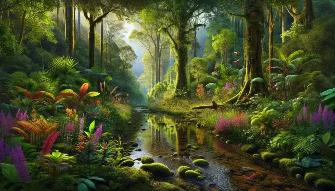 Lush rainforest with clear stream, flowering plants, mossy trees, colorful birds and dense sunlit canopy.