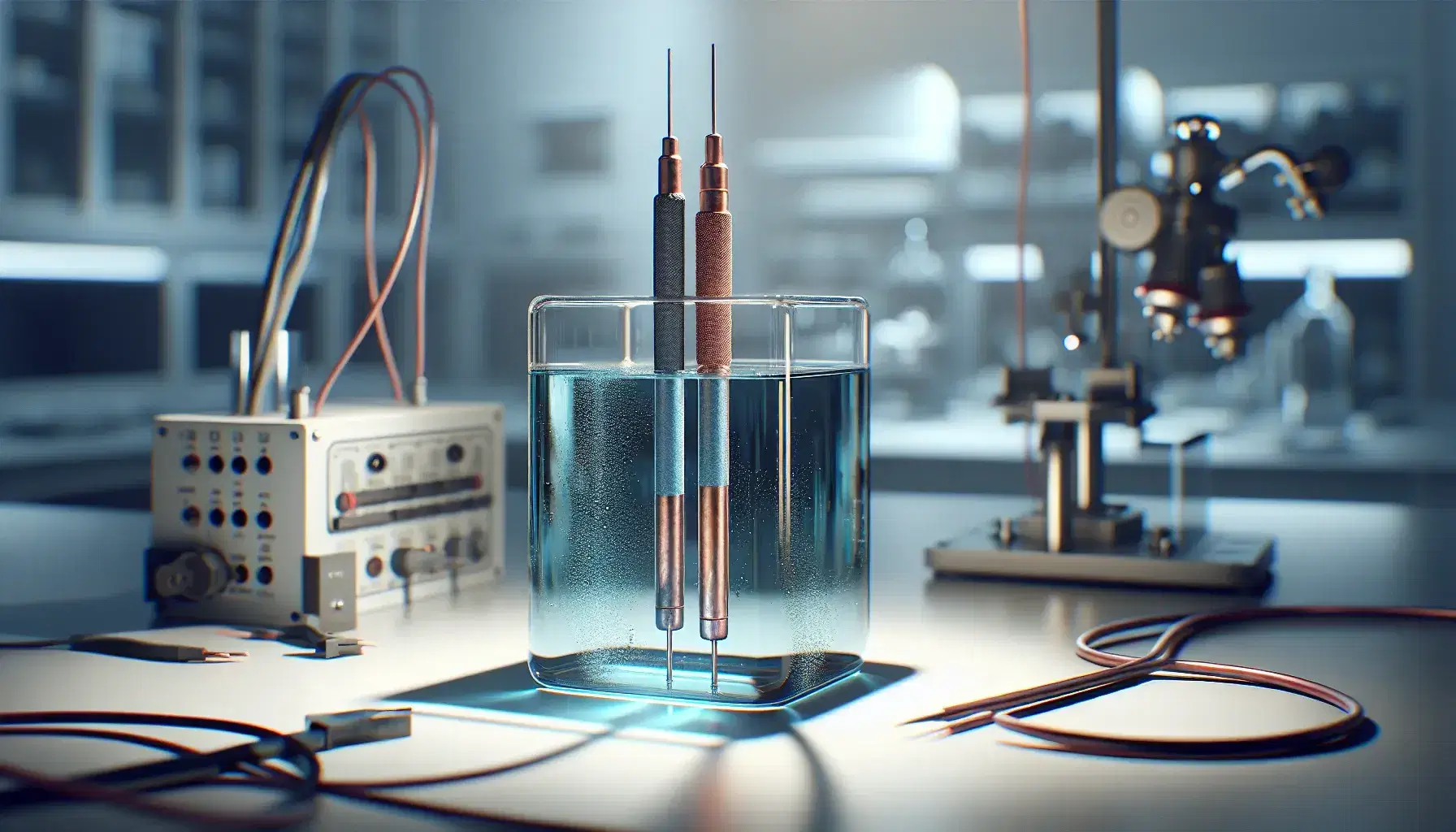 Electrolysis apparatus in the laboratory with glass container and blue electrolyte solution, copper and graphite or platinum electrodes connected to wires.