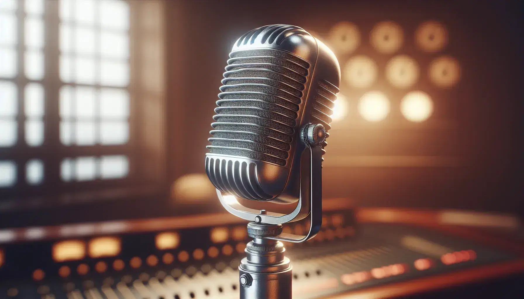 Vintage microphone with a metallic finish and mesh grille on an adjustable stand, set in a softly lit, sepia-toned radio studio background.