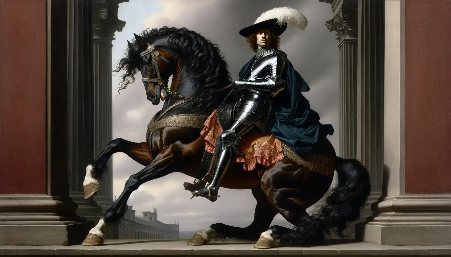 Uomo del XVII secolo in armatura parziale su cavallo morello impennato, con mantello blu e parrucca bionda, davanti a palazzo storico.