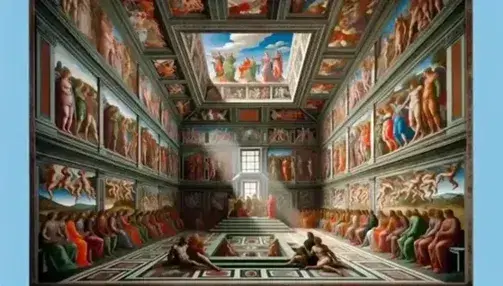 Riproduzione fotografica del dipinto 'La Camera degli Sposi' di Andrea Mantegna, con affreschi dettagliati di figure umane in abiti rinascimentali e cielo affrescato.