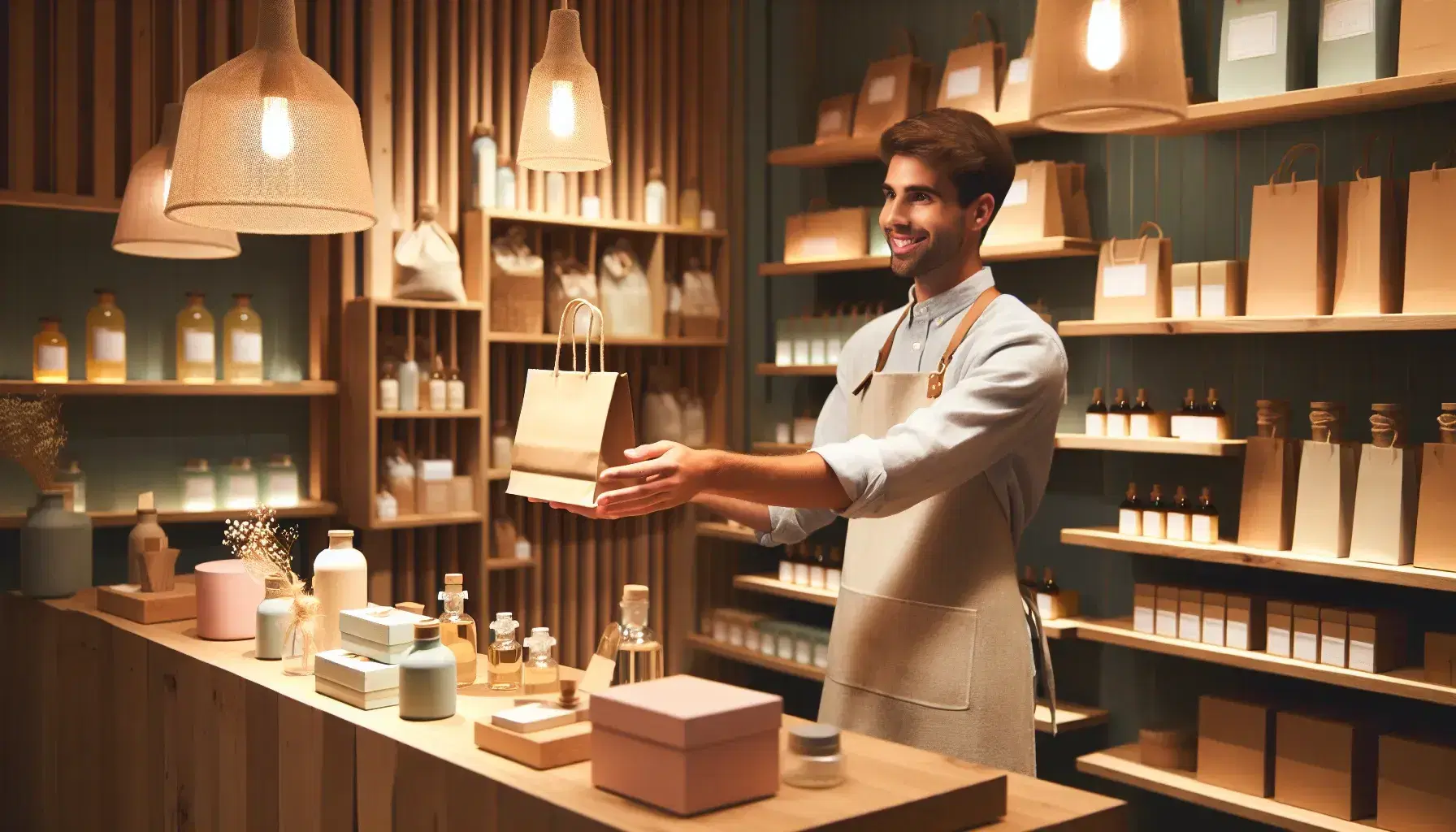 Empleado sonriente entregando bolsa de papel a cliente satisfecho en tienda acogedora con estantes de productos y decoración suave bajo iluminación cálida.