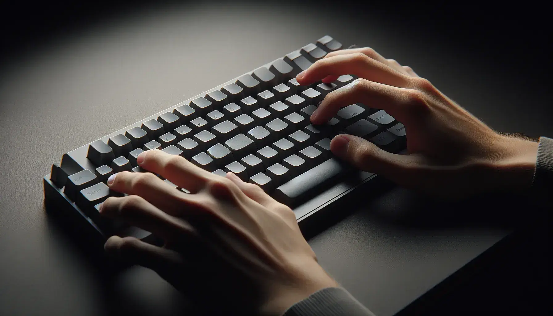 Close-up of hands typing on computer keyboard with no visible branding, gray keys on dark background, emphasis on human-machine interaction.