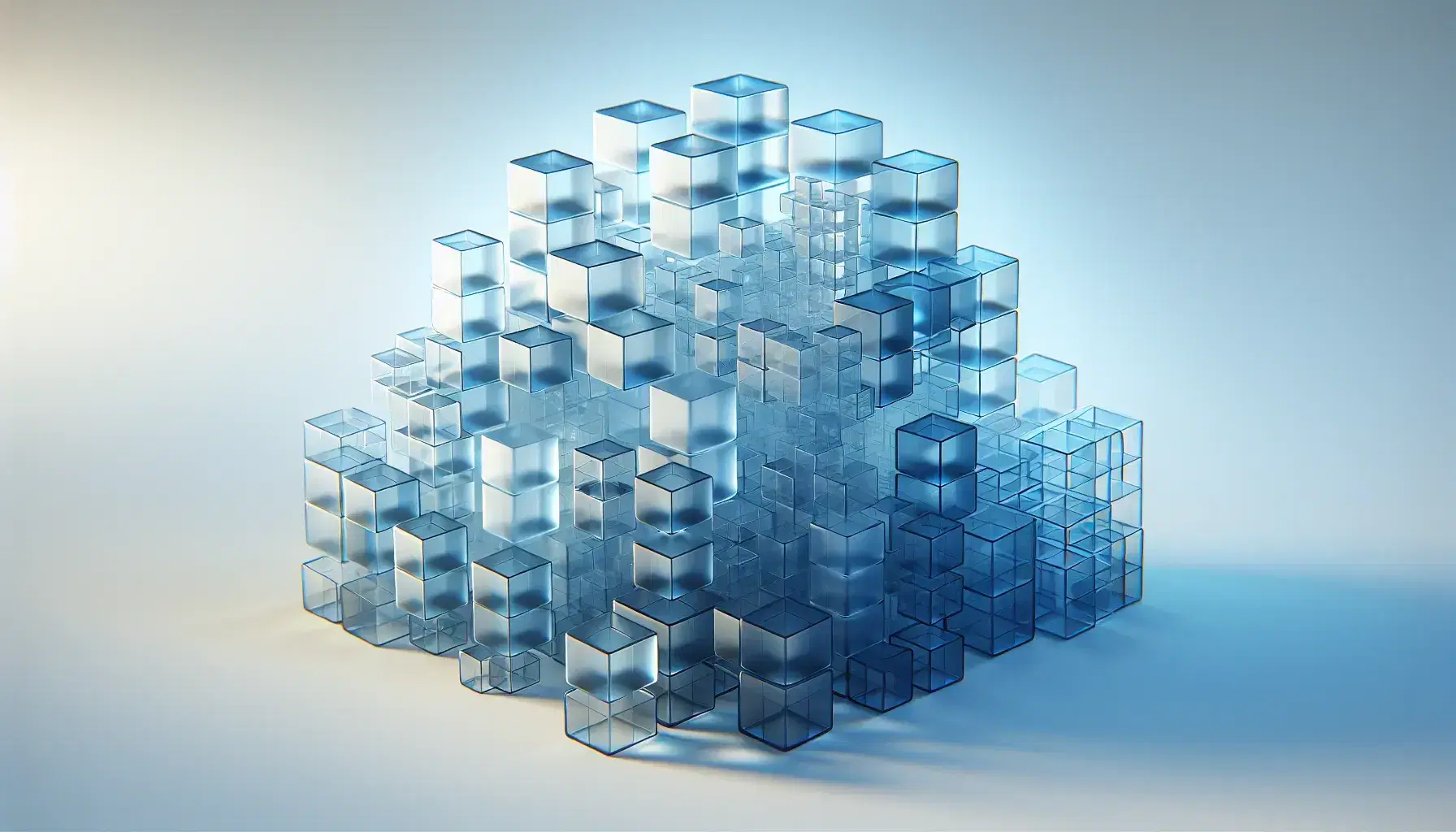 Complex structure of interconnected translucent three-dimensional cubes in blue gradient forming an ascending spiral on gradient background.