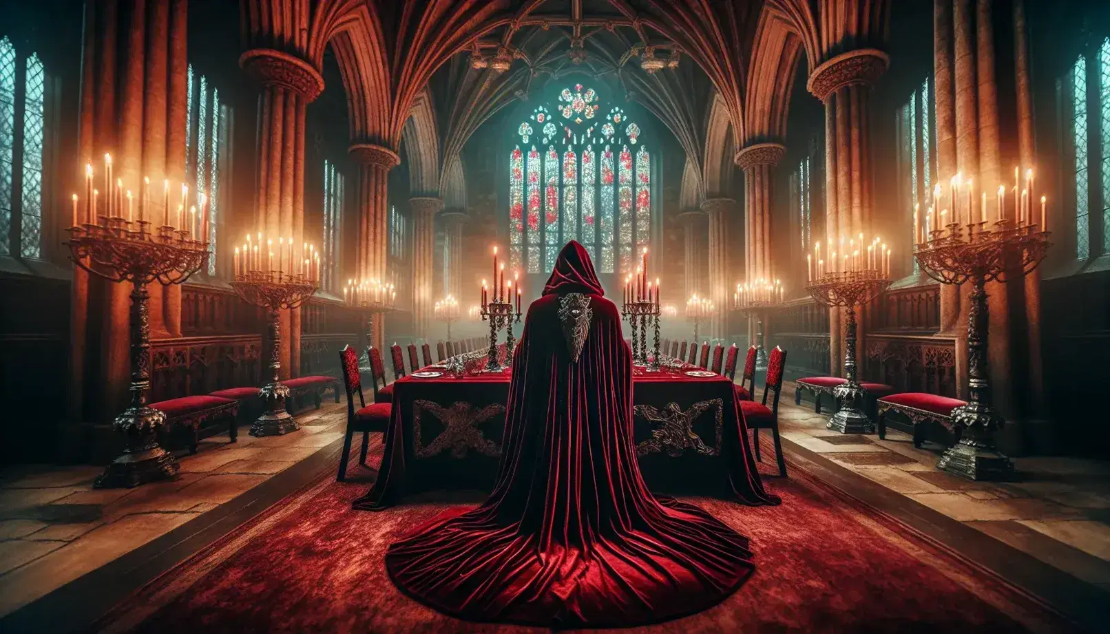 Salón de baile gótico con altos arcos y ventanas de vidrio plomado, mesa central con mantel de terciopelo rojo, candelabros de plata, sillas talladas y figura enigmática en túnica roja.