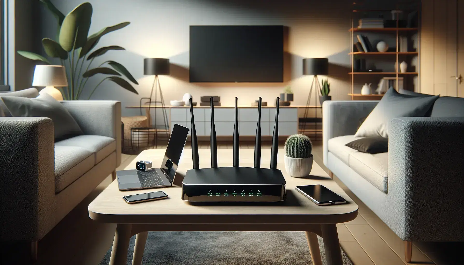 Black Wi-Fi router with antennas on wooden table, silver laptop, white smartphone on gray sofa and black smartwatch, turned off TV and green plant.