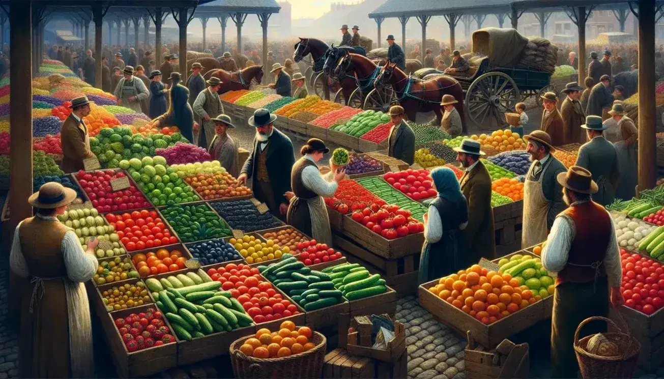 Early 20th-century market scene with vendors selling fresh produce like tomatoes, cucumbers, and lemons on wooden stalls, customers browsing, and horse-drawn carts in the background.