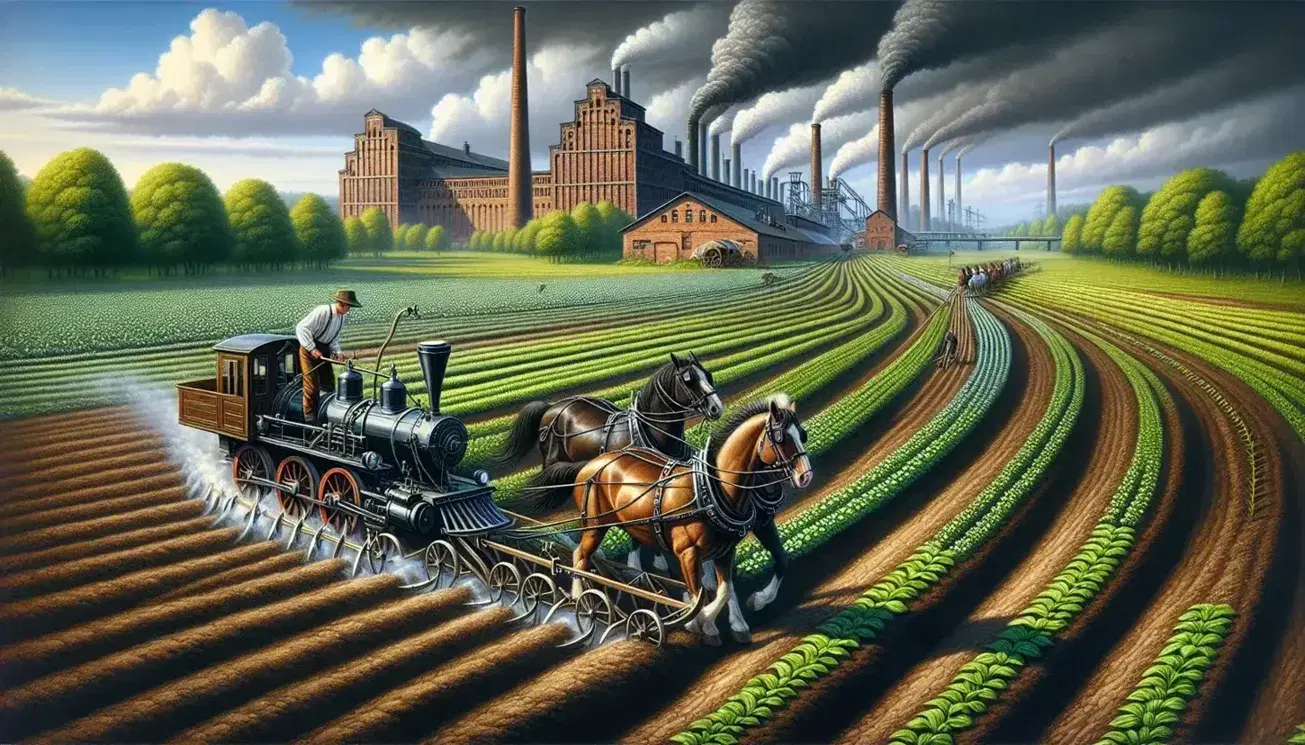 Agricoltore con aratro trainato da cavalli lavora campo, fabbrica industriale in lontananza e treno a vapore transita su binari.