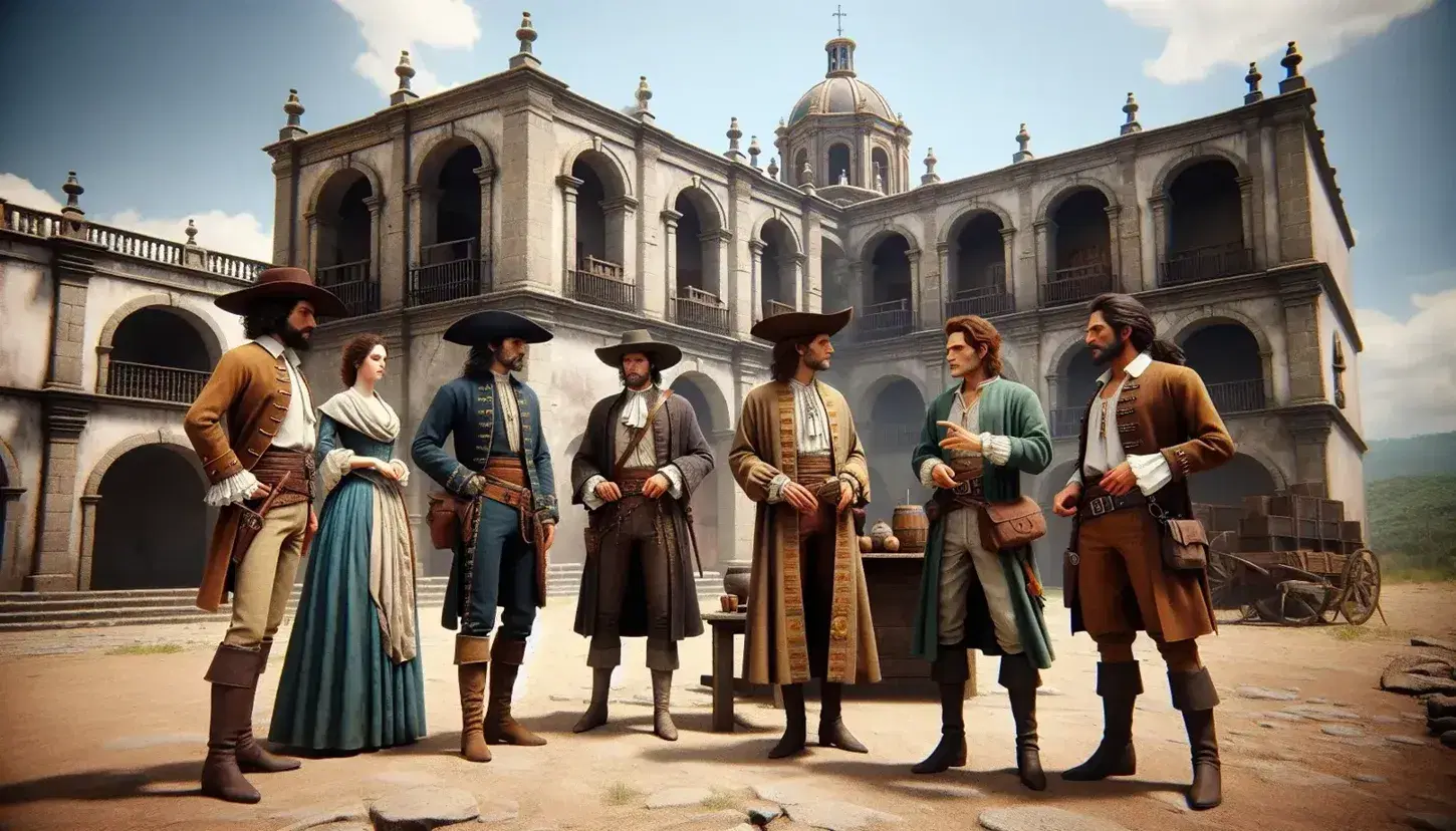 Grupo de cinco personas con vestimenta colonial frente a edificio de arquitectura española, con mesa y objetos de escritura en primer plano.