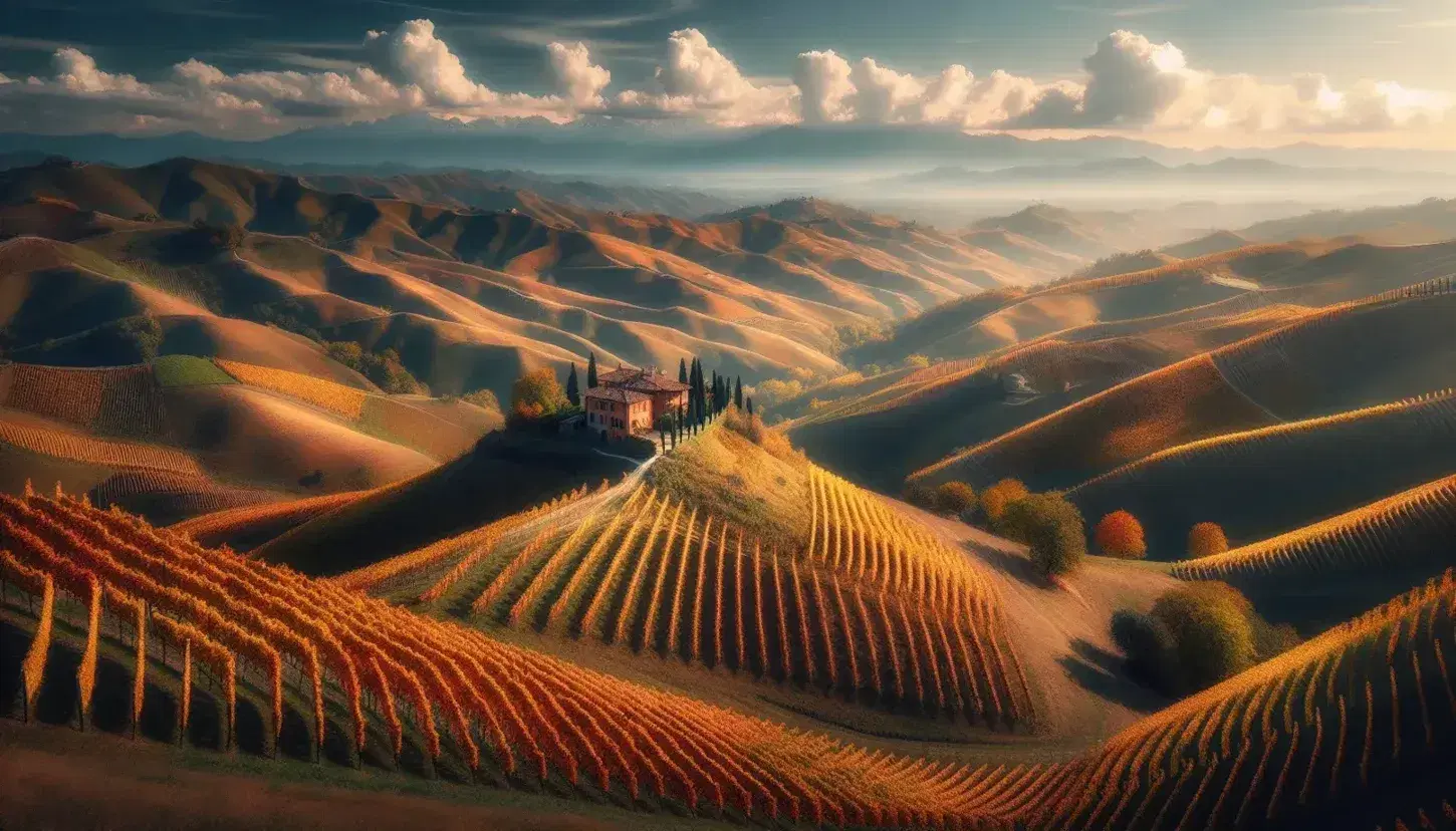 Vista autunnale delle colline delle Langhe in Piemonte con vigneti dorati, alberi rossi e una cascina tipica, sullo sfondo le Alpi.