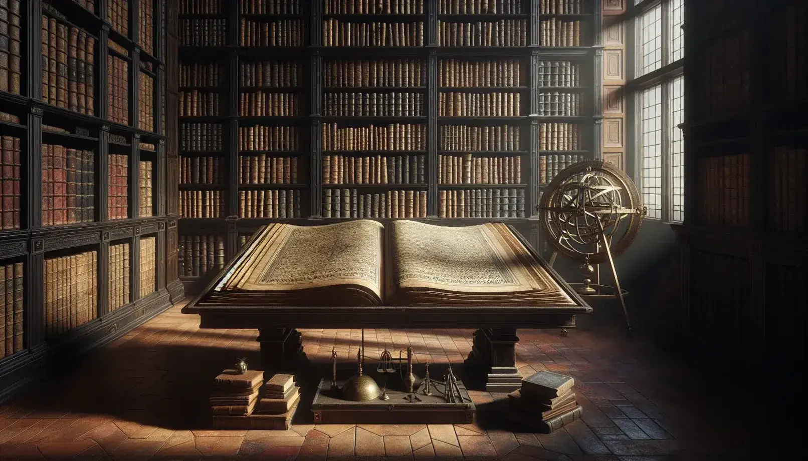 Biblioteca antigua con estanterías de madera oscura llenas de libros, mesa central con libro abierto y objetos metálicos de medición, luz natural entrando por ventana.