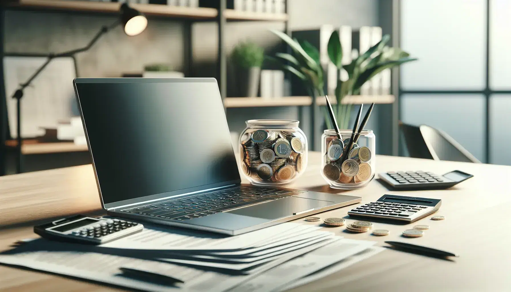 Modern office desk with a laptop, calculator, stack of blank papers, glass jar of euro coins, and a potted plant, set against a blurred office background.