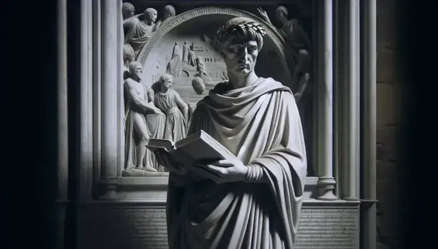 Statua in marmo bianco di un erudito medievale con corona di alloro, libro aperto in mano e sfondo di viaggio celeste stilizzato.