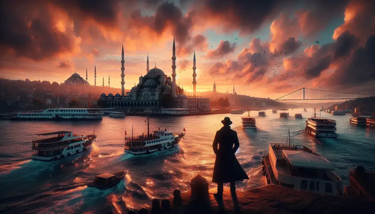 Vista panoramica di Istanbul al tramonto con la Moschea Blu e i suoi minareti, riflessi dorati sul Bosforo e figura maschile in contemplazione.