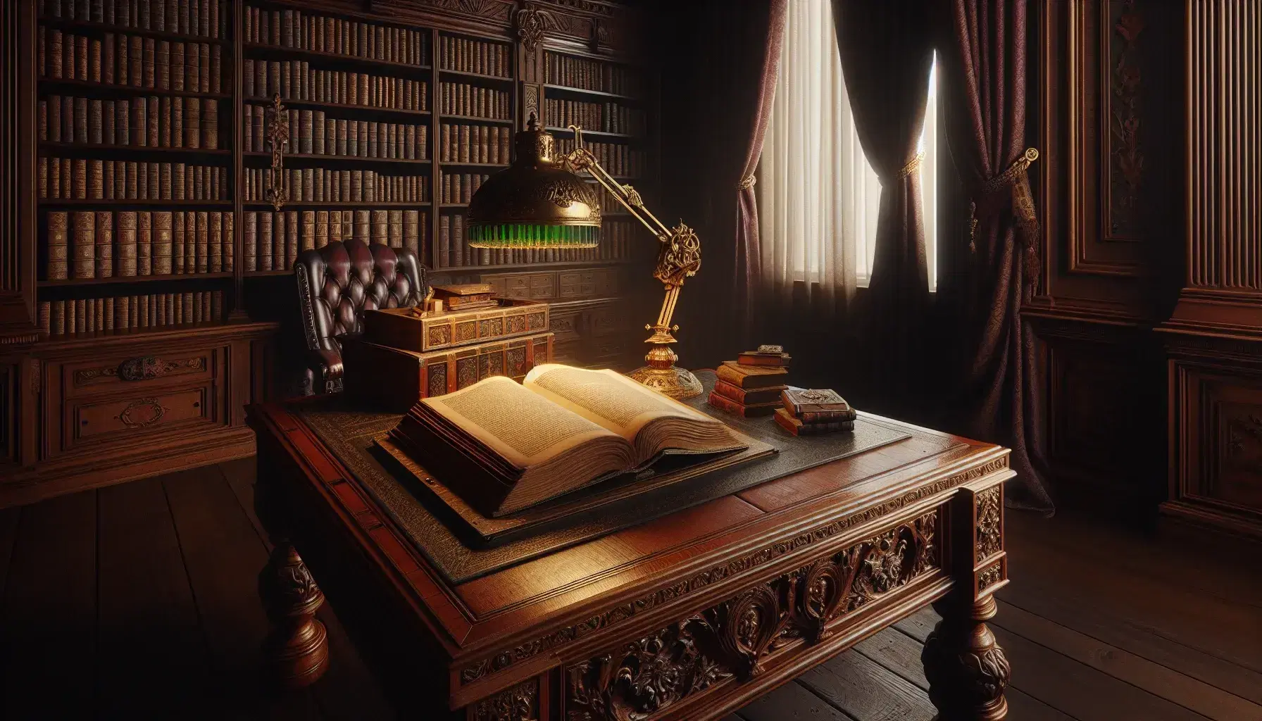 Antique study with ornate wooden desk, open book, brass lamp, velvet drapes, wood-paneled walls, bookshelves, plush armchair, Persian rug, and unlit fireplace.