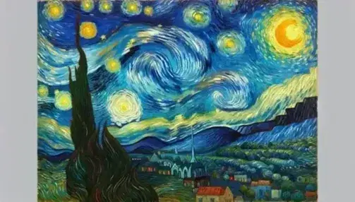 Riproduzione del dipinto 'Notte Stellata' di Van Gogh con cielo notturno turbinoso, cipresso alto e chiesetta tra case.