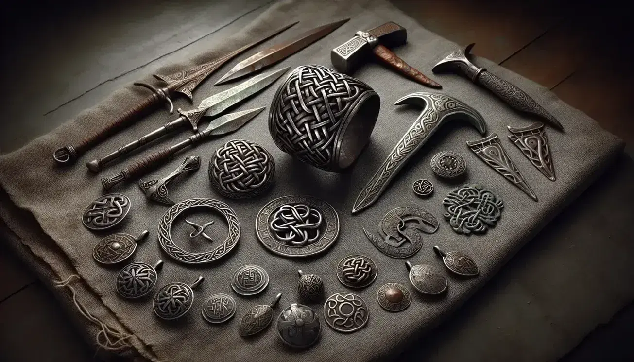 Viking metalwork artifacts including a silver arm ring, bronze brooch, Thor's hammer pendant, iron spearheads, and ancient silver coins on a dark cloth.