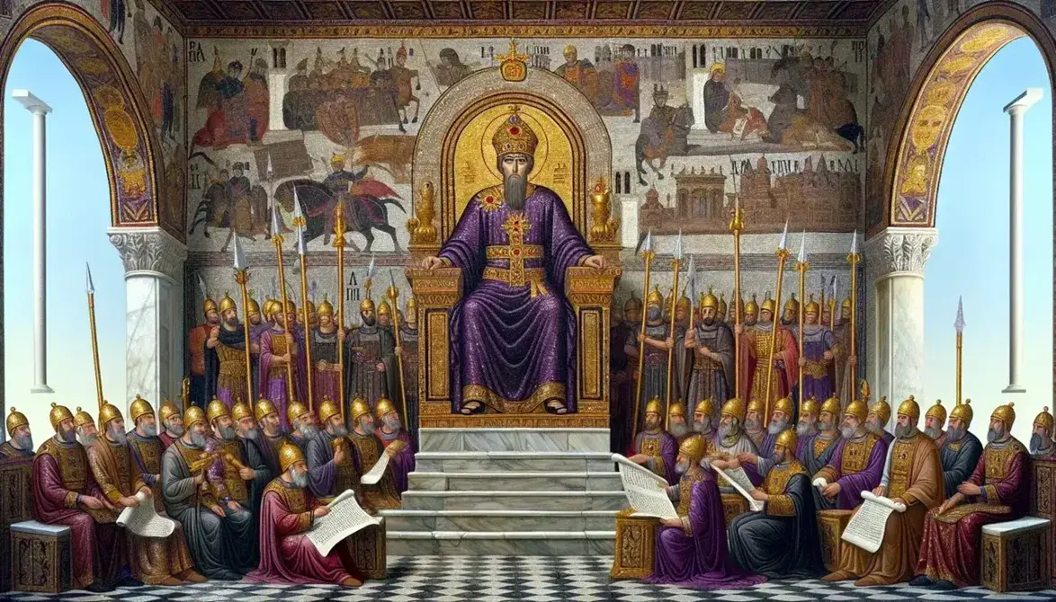 Scena del tribunale imperiale bizantino con l'imperatore Giustiniano I sul trono, guardie, giuristi e chiesa bizantina.