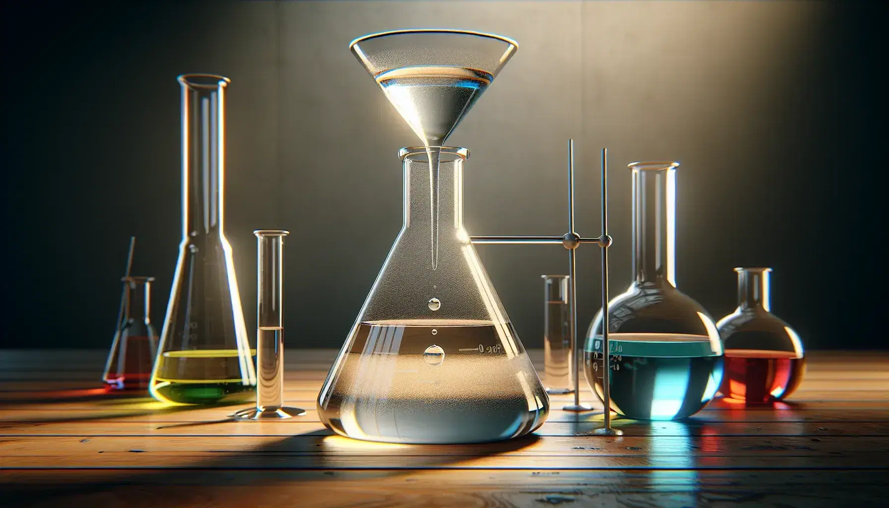 Clear glass flask on a wooden table separating colorless liquid into two layers, surrounded by beakers with blue, red, and green liquids.