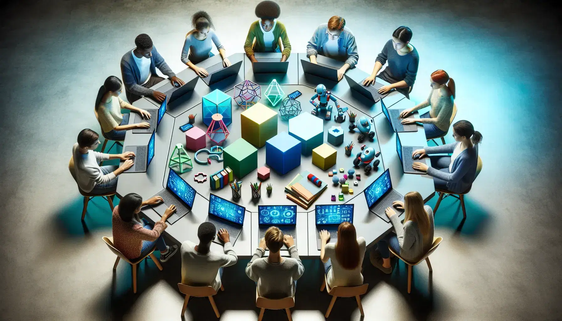 Multi-ethnic group of students sitting around a hexagonal table interacting with laptops and learning objects such as geometric shapes and a robot.