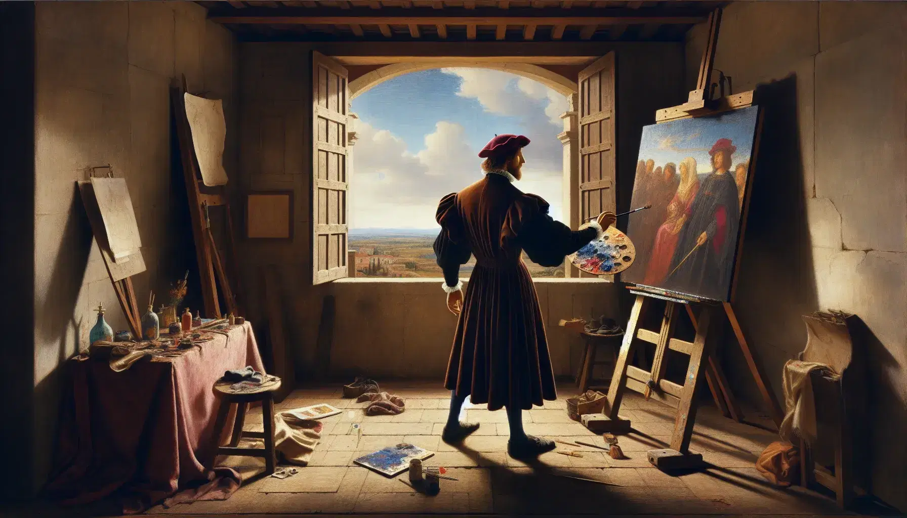 Artista renacentista pintando en su estudio con luz natural, paleta de colores en mano, frente a un caballete y ventana con vista a edificios históricos.