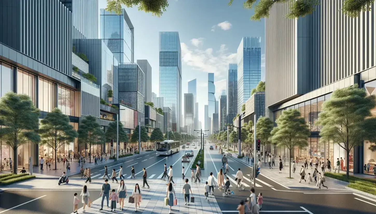 Lively urban street scene in modern Chinese city with various pedestrians, shops, traffic and towering skyscrapers under a clear sky.