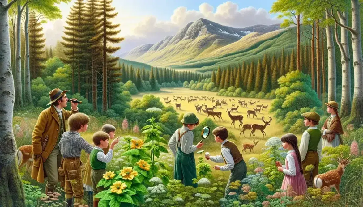 Niños explorando la naturaleza, observando flora y fauna con lupa, en un bosque con ciervos y montañas al fondo bajo un cielo azul.