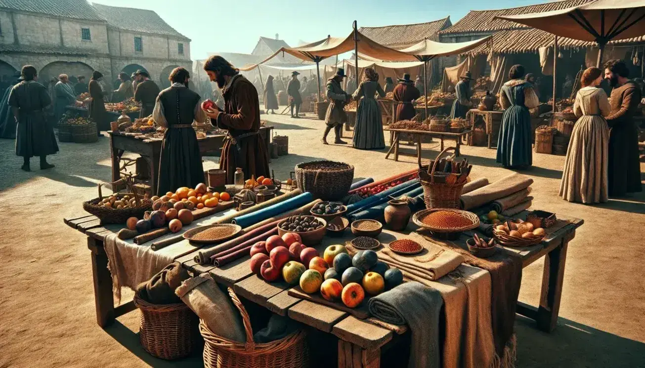 Mercado antiguo al aire libre con vendedor y cliente negociando sobre mesa con telas y frutas, bajo cielo azul y sin elementos modernos.