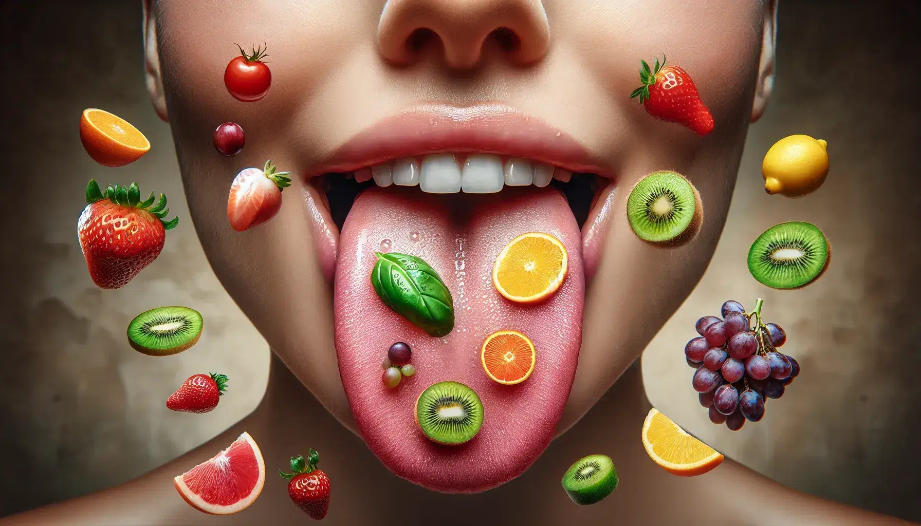 Extended human tongue with colorful fruits and vegetables suspended above, including strawberry, kiwi, orange, grape, lemon and basil leaf.