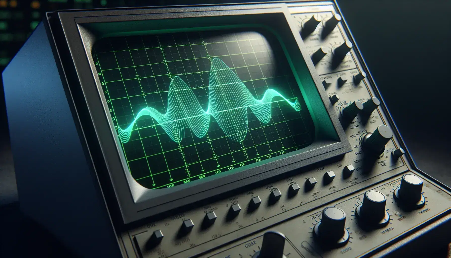 Oscilloscope shows green sine wave on dark screen with grid lines, in dimly lit room, with no legible symbols.