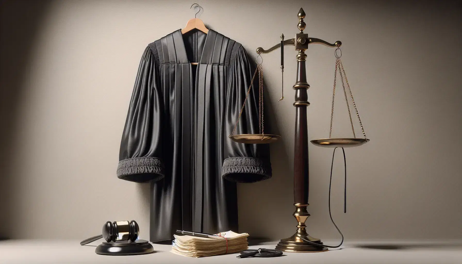 Toga giudiziaria nera con rifiniture grigie appesa, bilancia della giustizia in ottone e fascio di documenti legati su sfondo neutro.