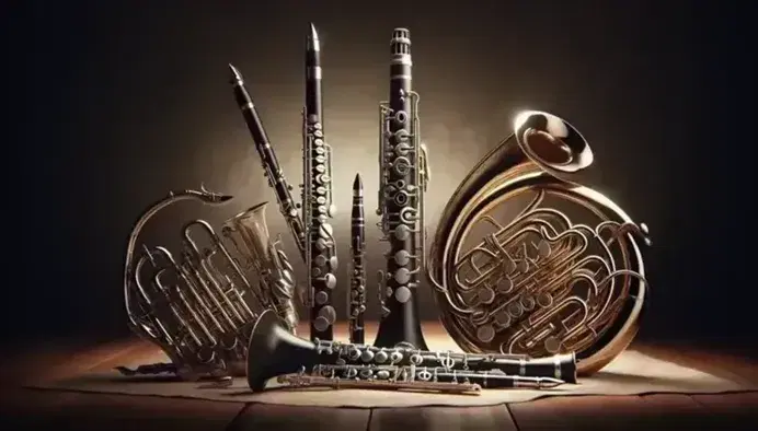 Strumenti a fiato assortiti su sfondo scuro, inclusi flauto, oboe, clarinetto, fagotto, sassofono, tromba, trombone, corno e tuba.